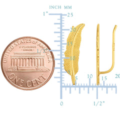 14K Yellow Gold Feather Leaf Design Climber Earrings - JewelryAffairs