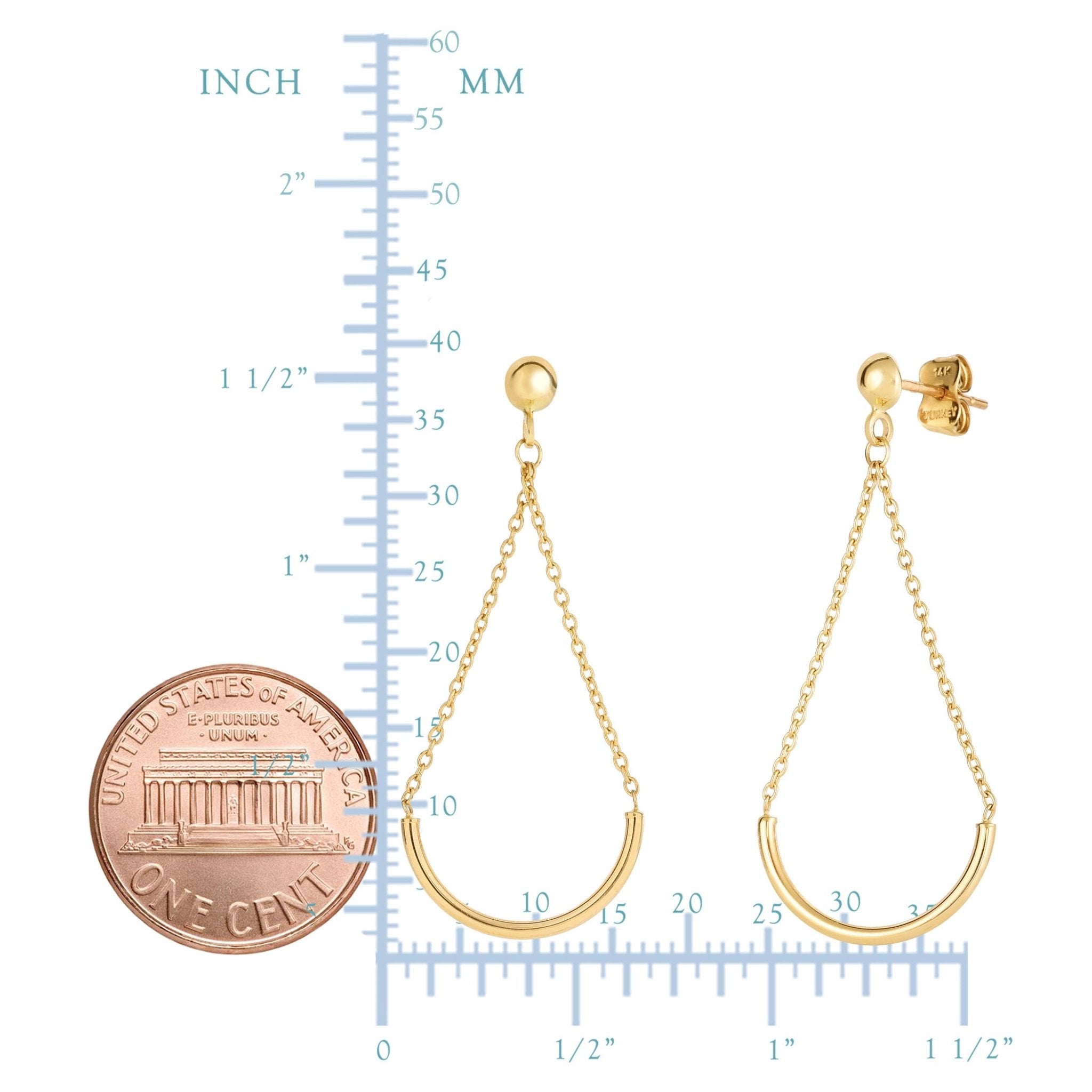 14K Yellow Gold Half Circle Bar Hanging On Chain Drop Earrings