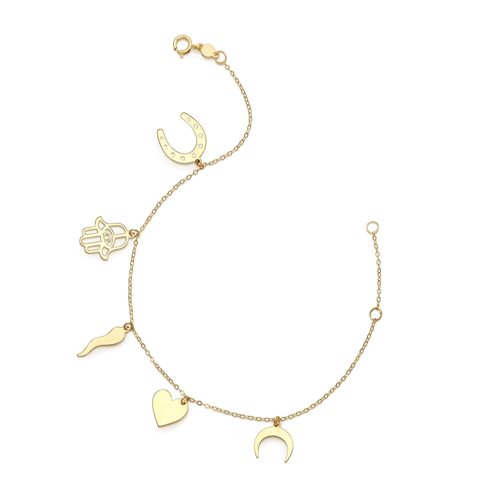 14k Yellow Gold Hamsa Heart Moon Charm Bracelet, 7" - JewelryAffairs