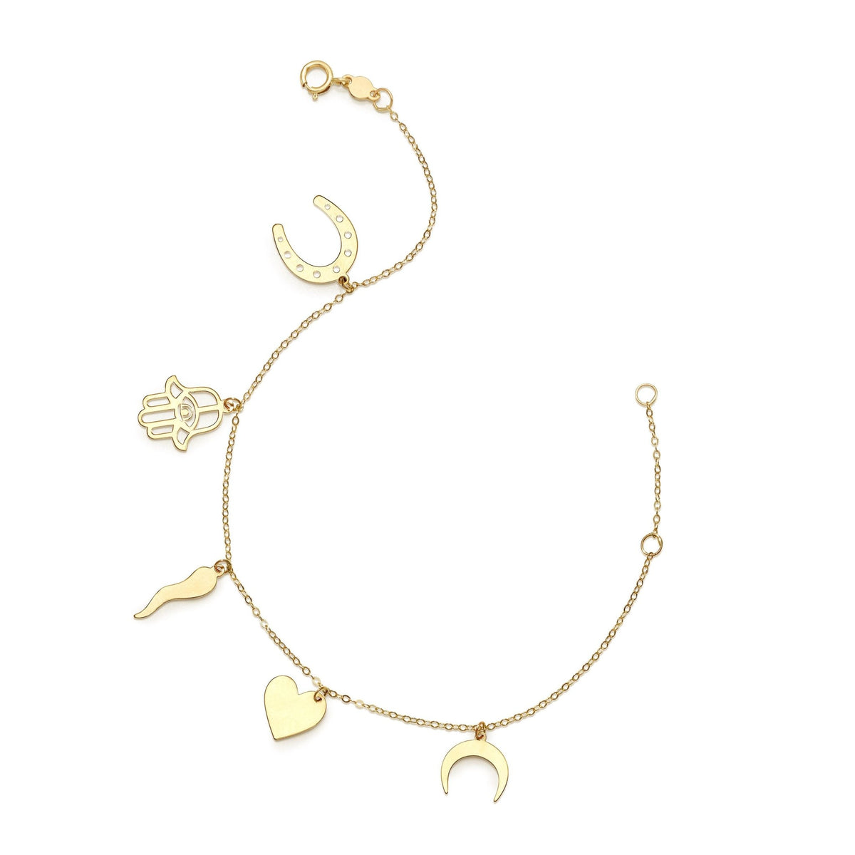 14k Yellow Gold Hamsa Heart Moon Charm Bracelet, 7" - JewelryAffairs