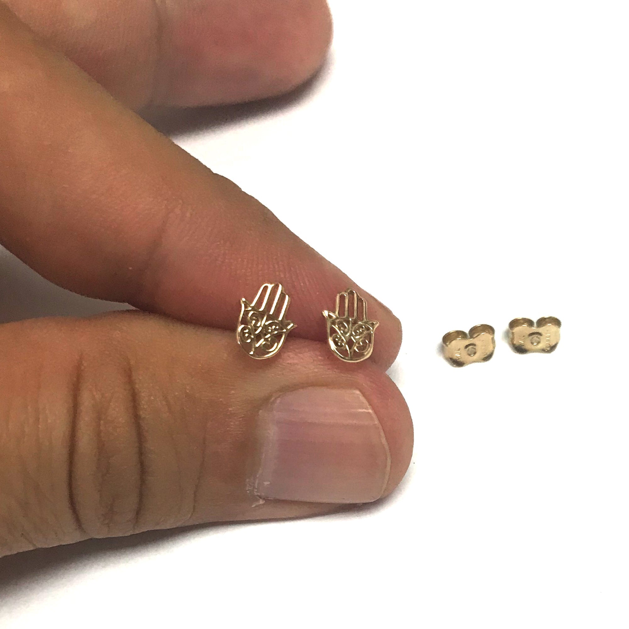 14k Yellow Gold Hamsa Shape Stud Earrings - JewelryAffairs