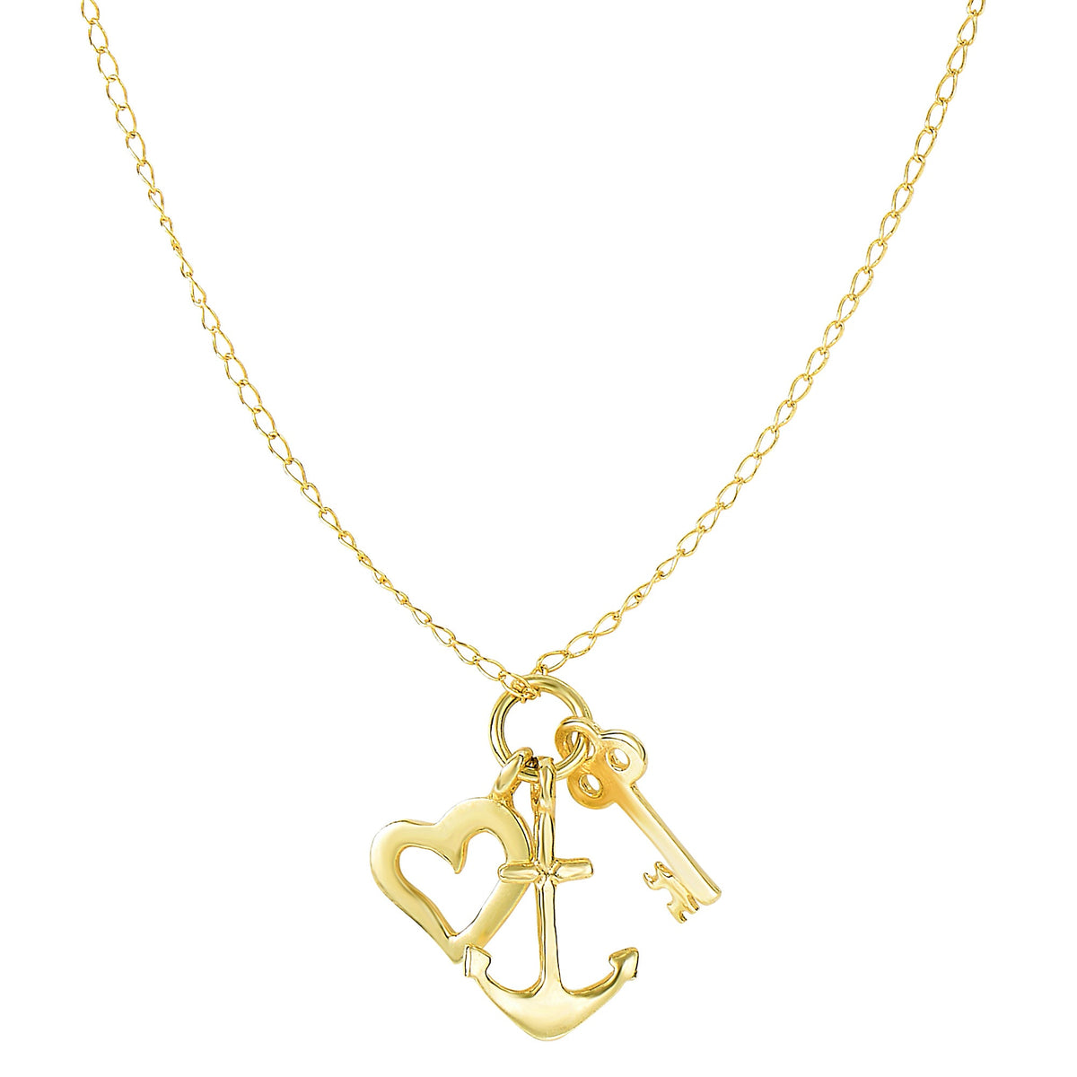 14k Yellow Gold Key Anchor And Heart Charms Necklace, 18"