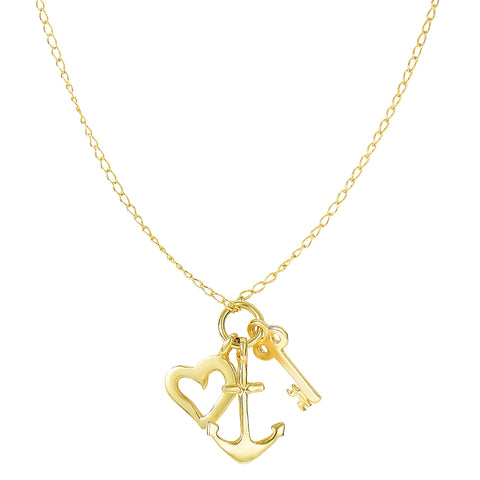 14k Yellow Gold Key Anchor And Heart Charms Necklace, 18"