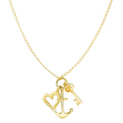 14k Yellow Gold Key Anchor And Heart Charms Necklace, 18"