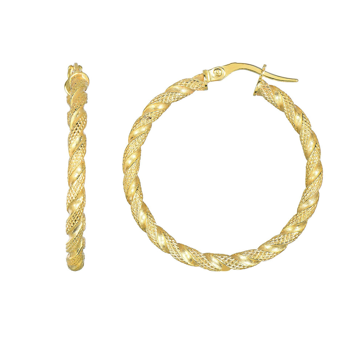 14K Yellow Gold Matt Textured Round Hoop Earrings, Diameter 30mm