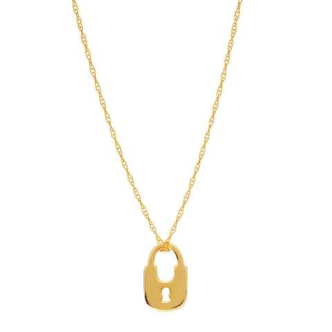 14K Yellow Gold Mini Lock Pendant Necklace, 16" To 18" Adjustable