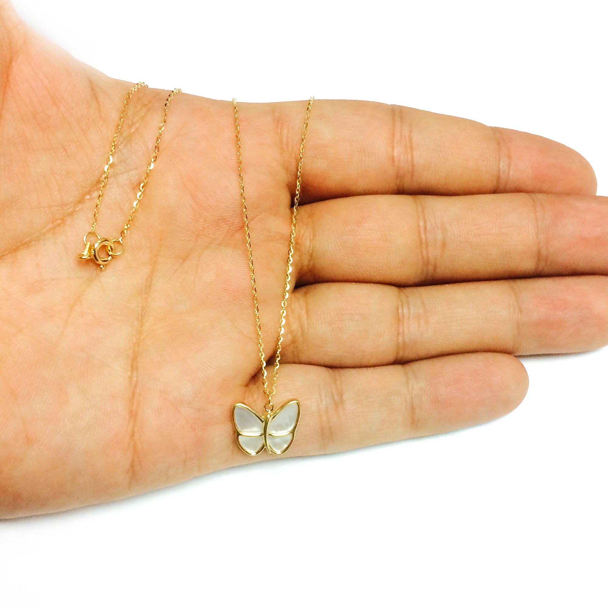 14K Yellow Gold Mother Of Pearl Butterfly Pendant Necklace, 18" - JewelryAffairs