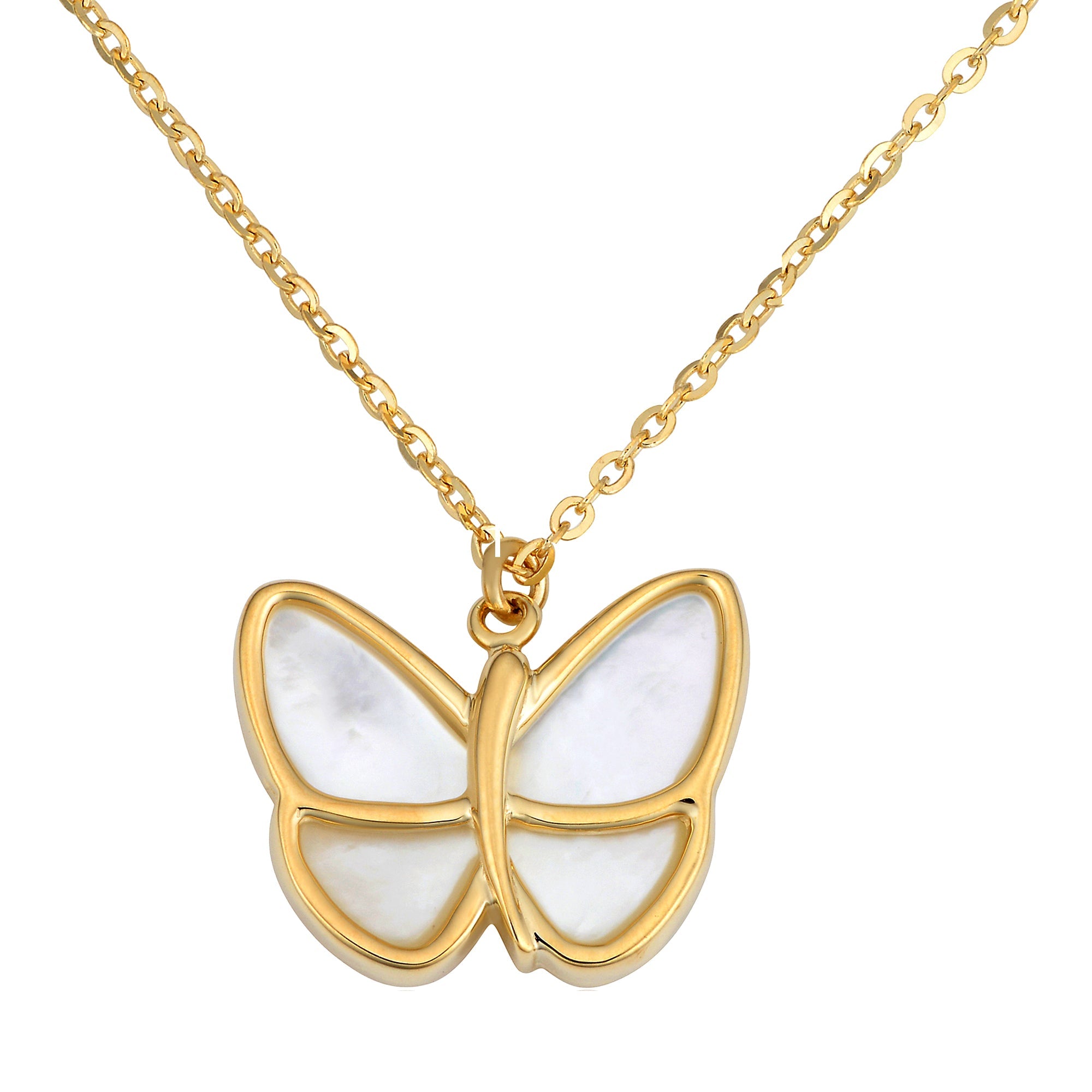 14K Yellow Gold Mother Of Pearl Butterfly Pendant Necklace, 18" - JewelryAffairs