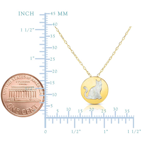 14K Yellow Gold Mother Of Pearl Cat Pendant Necklace, 16"