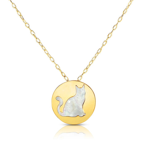 14K Yellow Gold Mother Of Pearl Cat Pendant Necklace, 16"