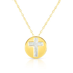 14K Yellow Gold Mother Of Pearl Cross Pendant Necklace, 16" - JewelryAffairs