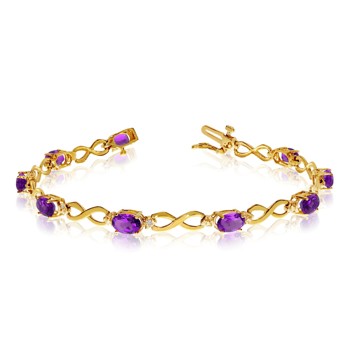 14K Yellow Gold Oval Amethyst Stones And Diamonds Infinity Tennis Bracelet, 7" - JewelryAffairs