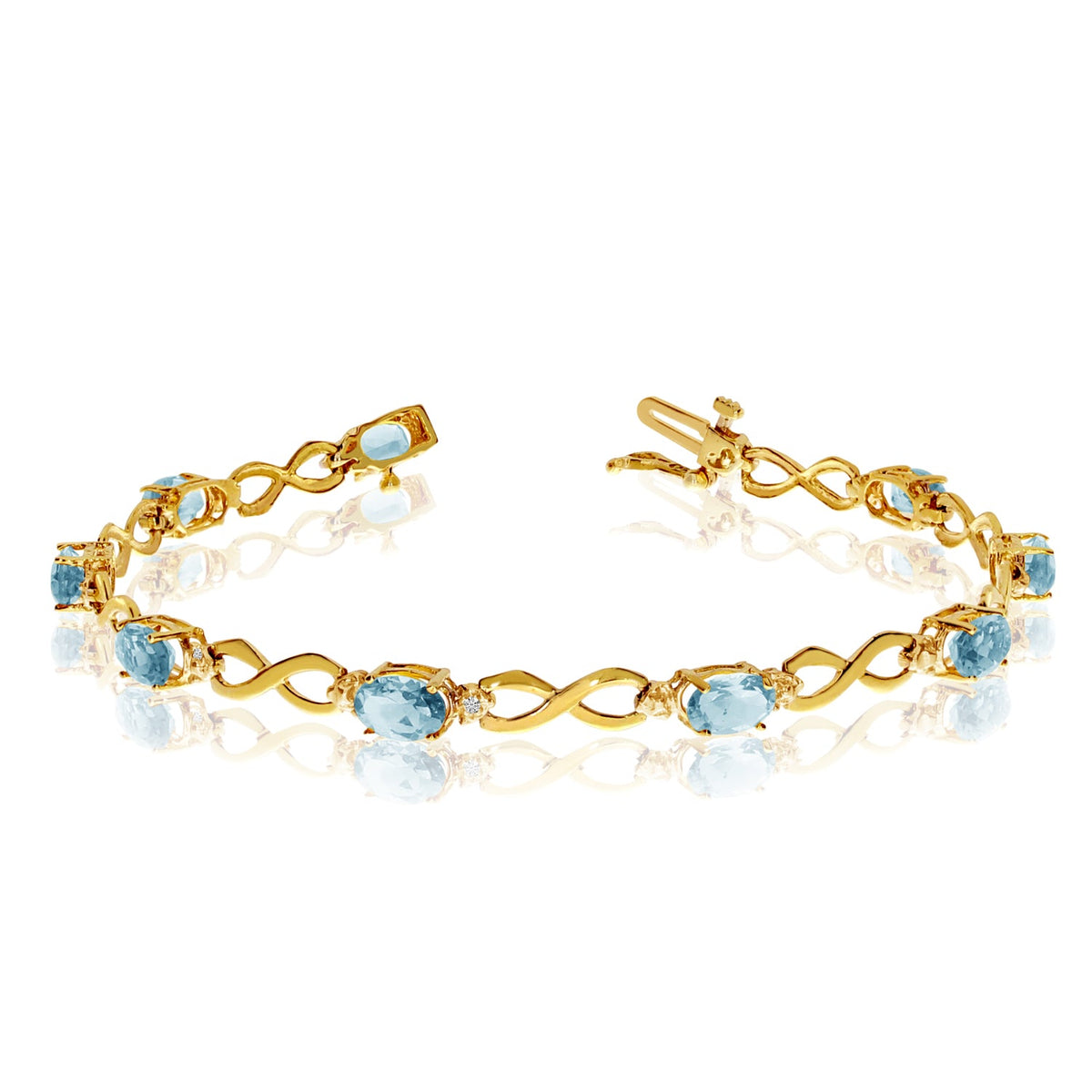 14K Yellow Gold Oval Aquamarine Stones And Diamonds Infinity Tennis Bracelet, 7" - JewelryAffairs
