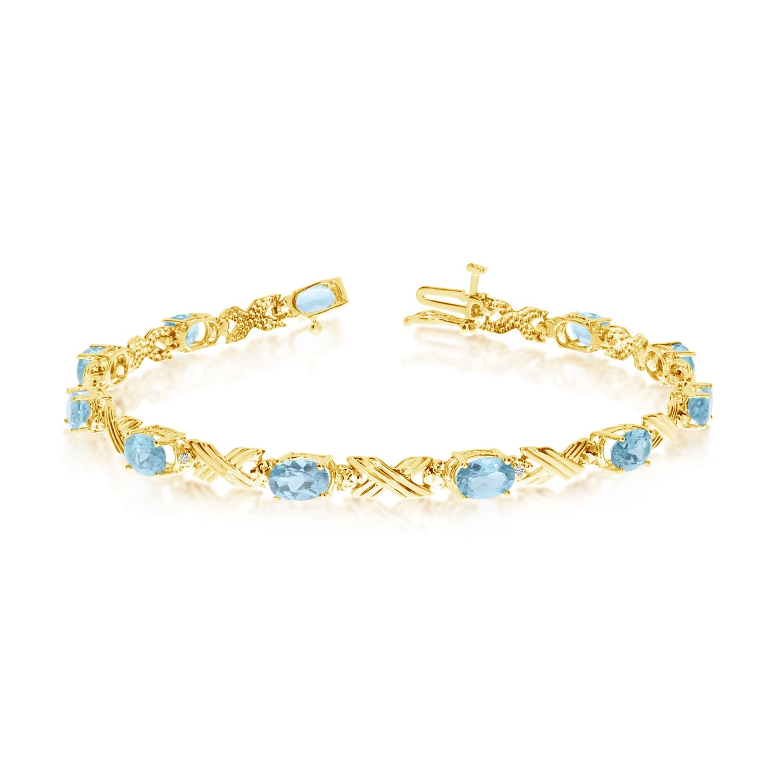 14K Yellow Gold Oval Aquamarine Stones And Diamonds Tennis Bracelet, 7" - JewelryAffairs