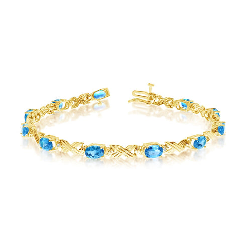 14K Yellow Gold Oval Blue Topaz Stones And Diamonds Tennis Bracelet, 7"