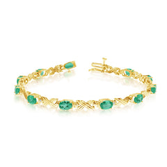 14K Yellow Gold Oval Emerald Stones And Diamonds Tennis Bracelet, 7" - JewelryAffairs