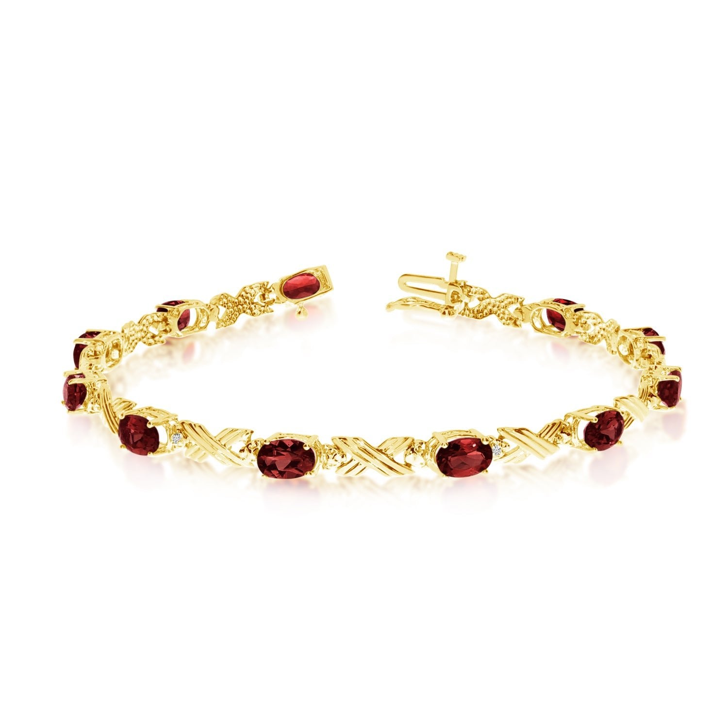 14K Yellow Gold Oval Garnet Stones And Diamonds Tennis Bracelet, 7" - JewelryAffairs