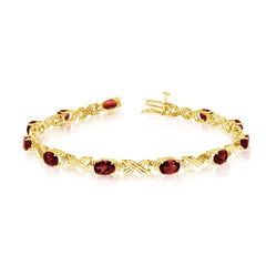 14K Yellow Gold Oval Garnet Stones And Diamonds Tennis Bracelet, 7" - JewelryAffairs
