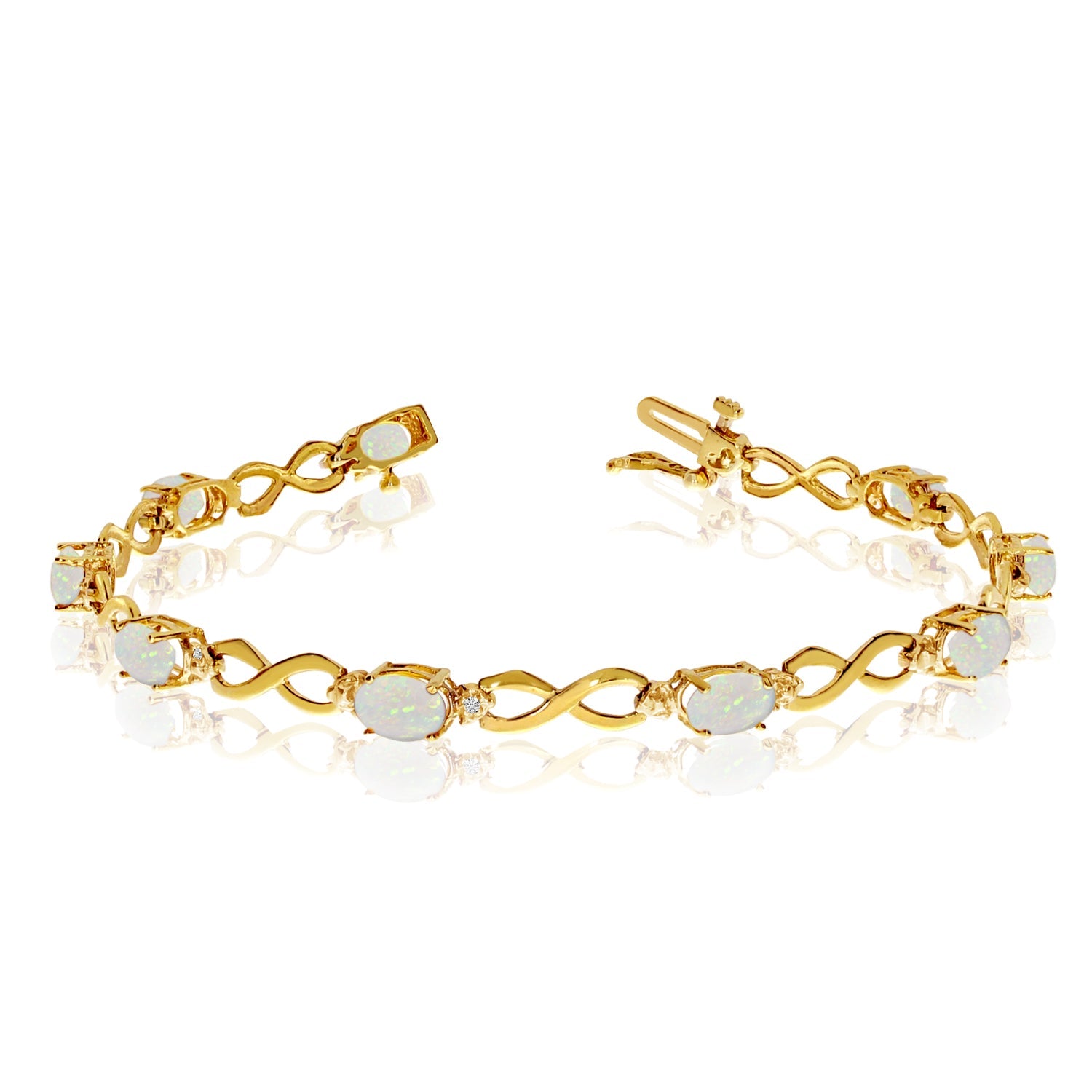 14K Yellow Gold Oval Opal Stones And Diamonds Infinity Tennis Bracelet, 7" - JewelryAffairs