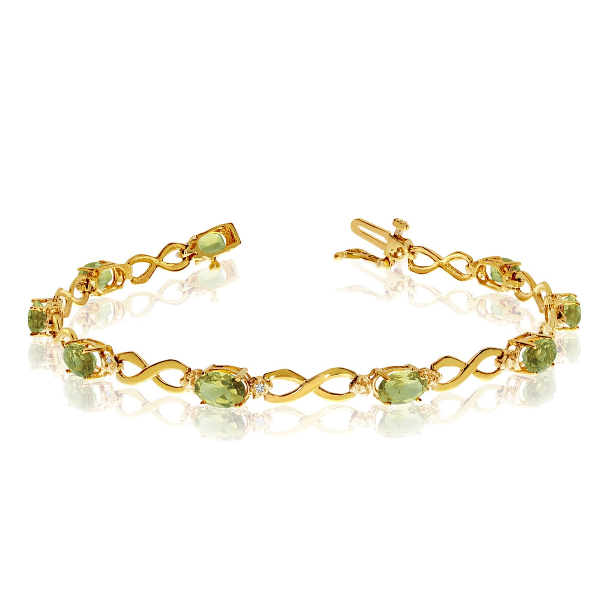 14K Yellow Gold Oval Peridot Stones And Diamonds Infinity Tennis Bracelet, 7" - JewelryAffairs