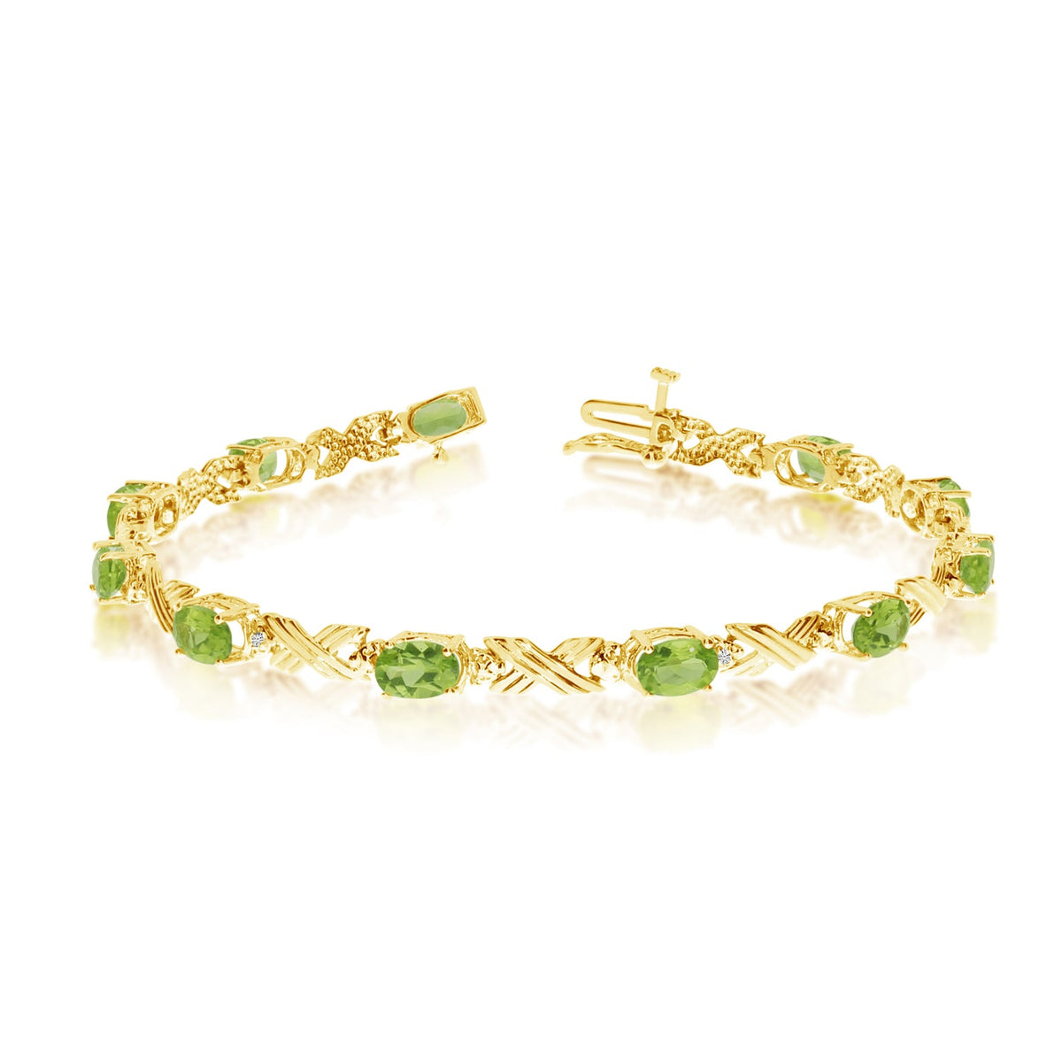 14K Yellow Gold Oval Peridot Stones And Diamonds Tennis Bracelet, 7" - JewelryAffairs