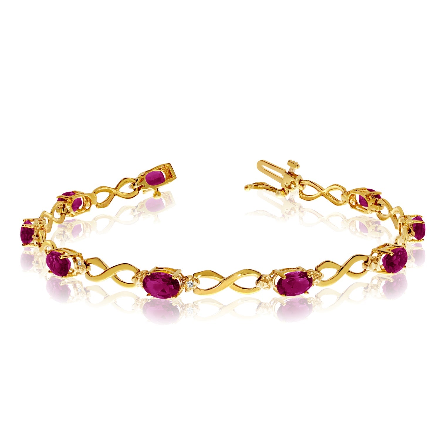 14K Yellow Gold Oval Ruby Stones And Diamonds Infinity Tennis Bracelet, 7" - JewelryAffairs