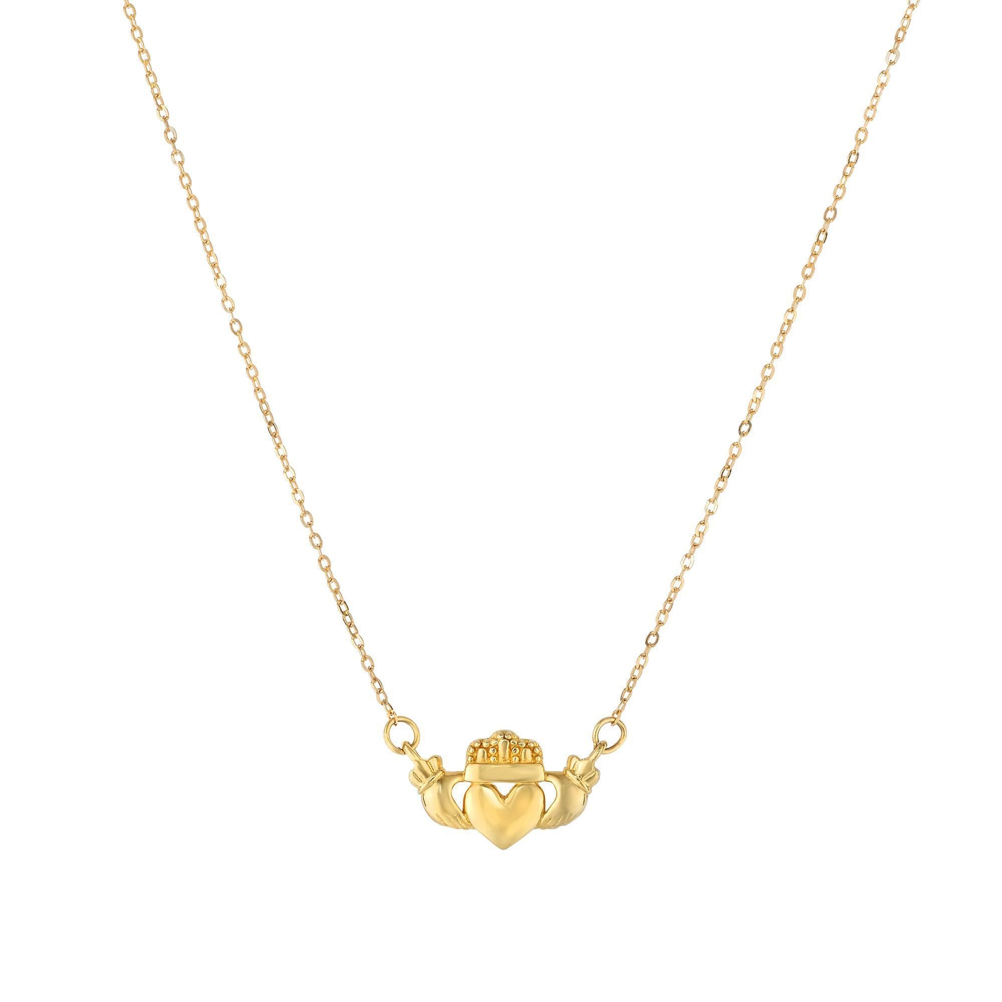 14k Yellow Gold Polished Claddagh Center Charm On Chain Necklace, 17"