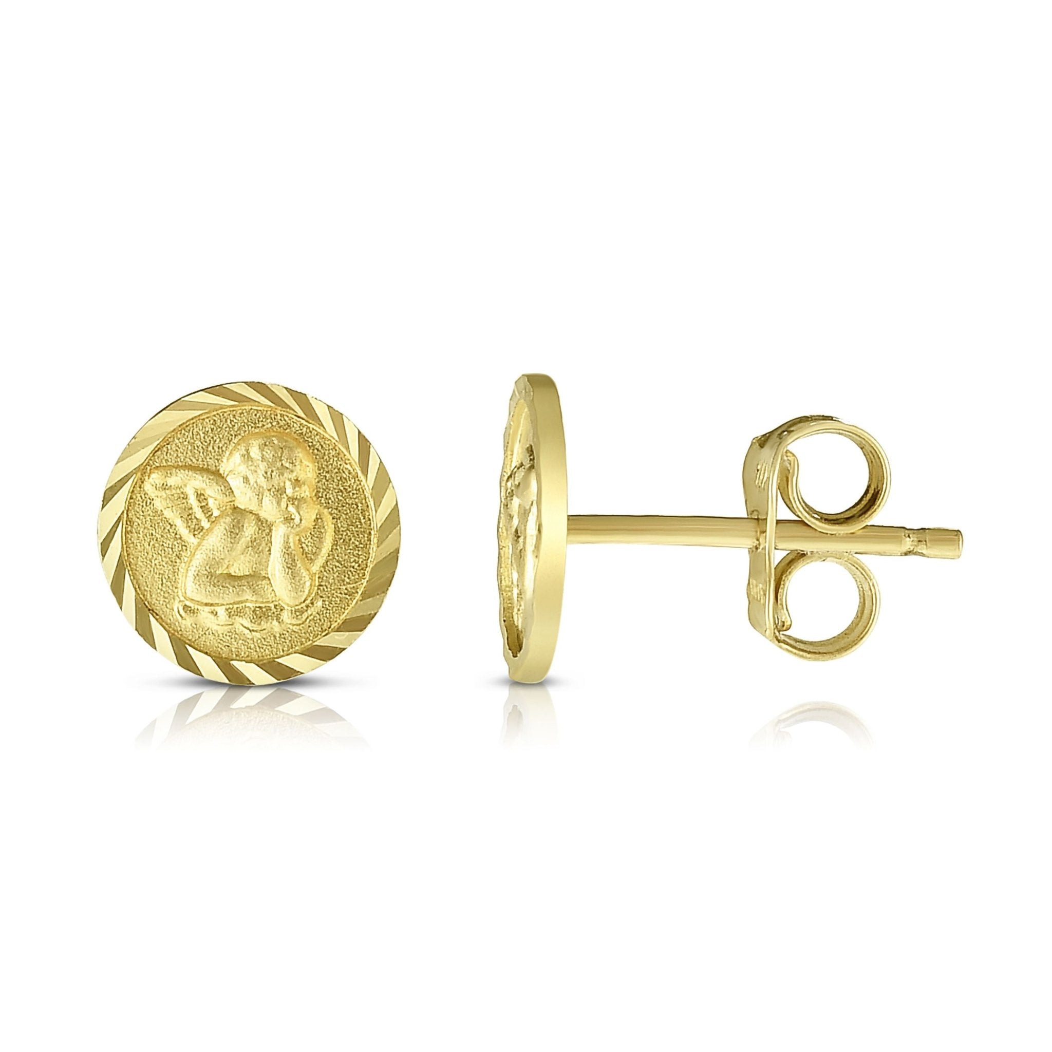 14k Yellow Gold Round Angel Stud Earrings - JewelryAffairs