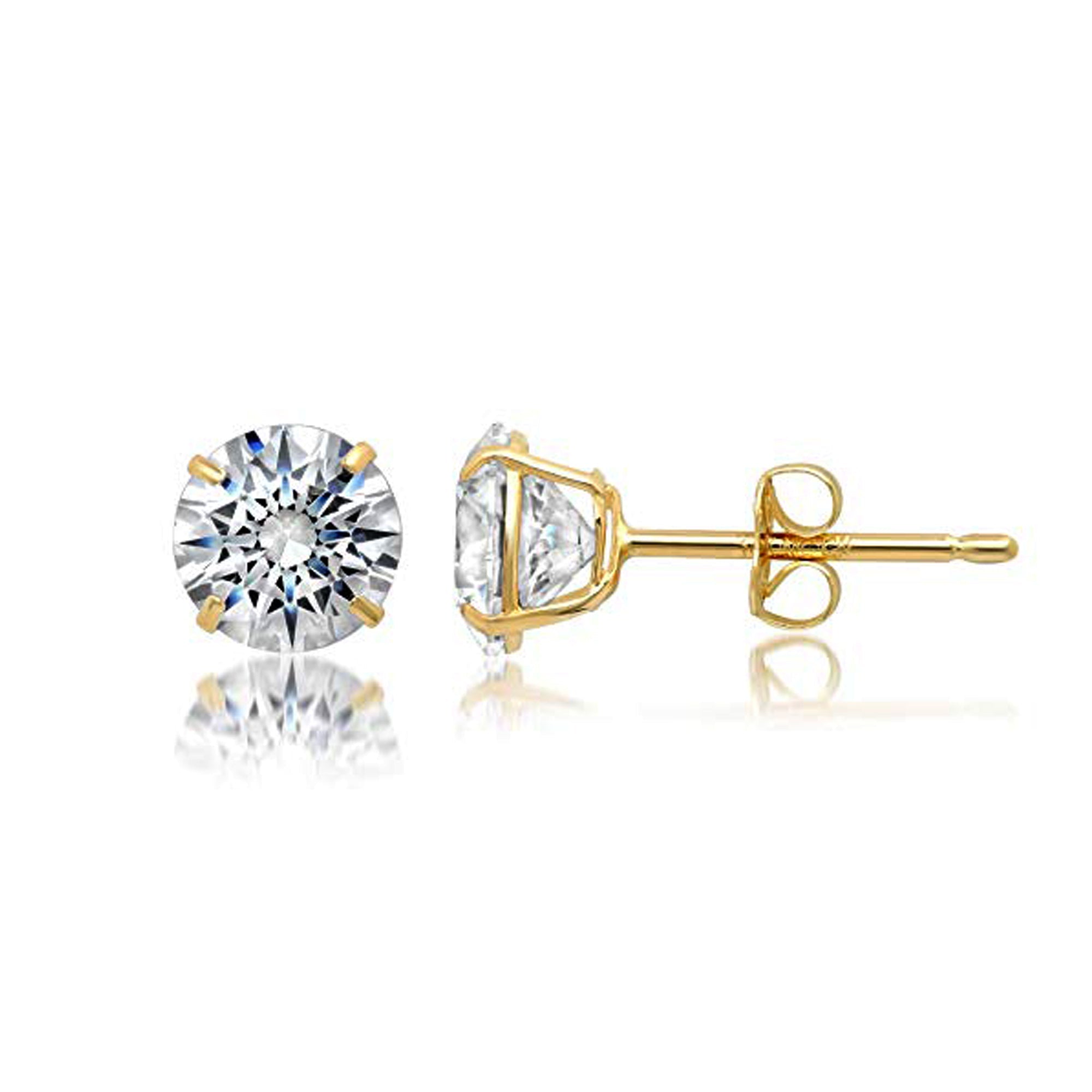 14k Yellow Gold Round Cut White Cubic Zirconia Stud Earrings - JewelryAffairs
