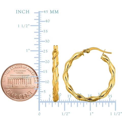 14K Yellow Gold Round Type Twisted Hoop Earrings, Diameter 28mm