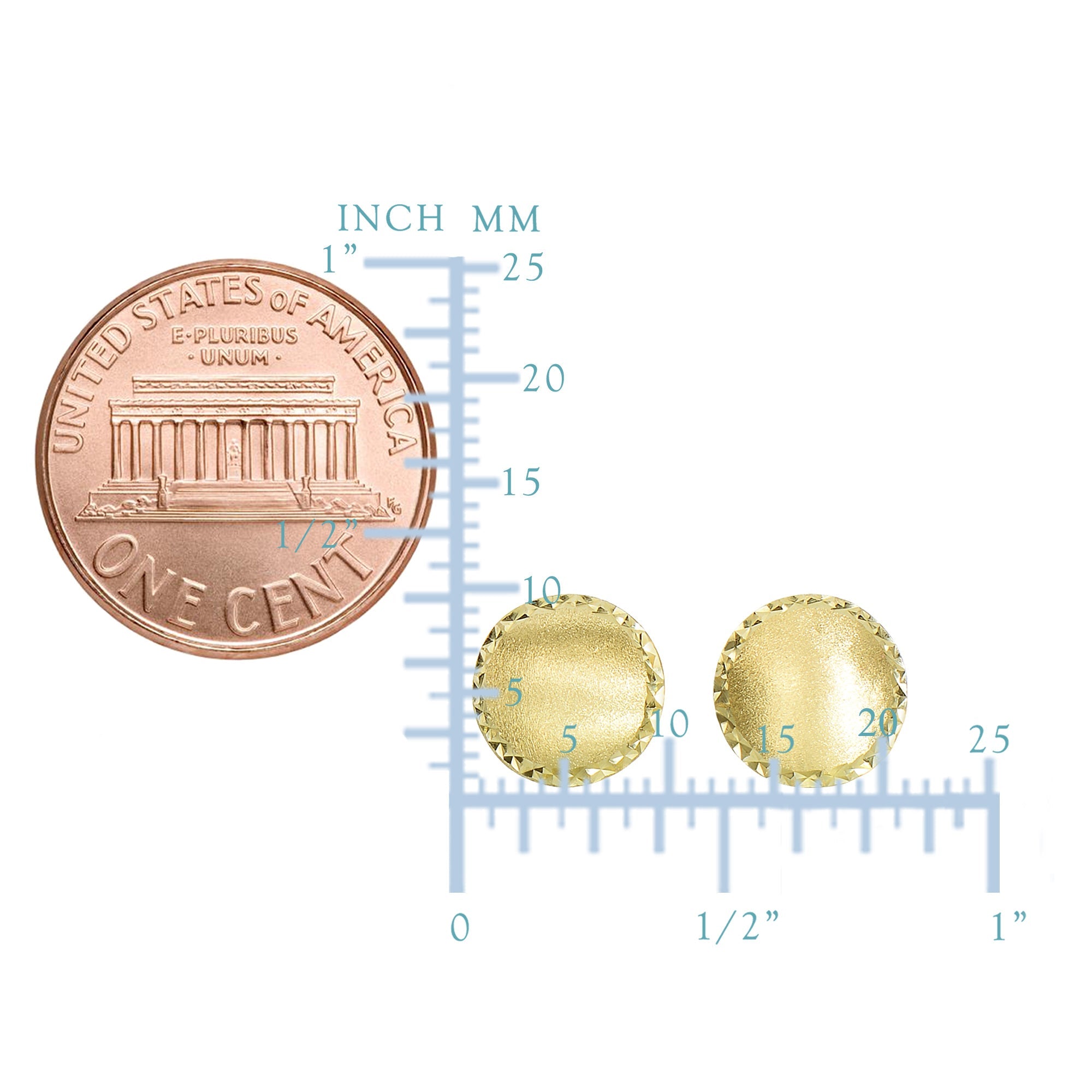 14k Yellow Gold Satin With Diamond Cut Edges Stud Earrings, 11mm - JewelryAffairs