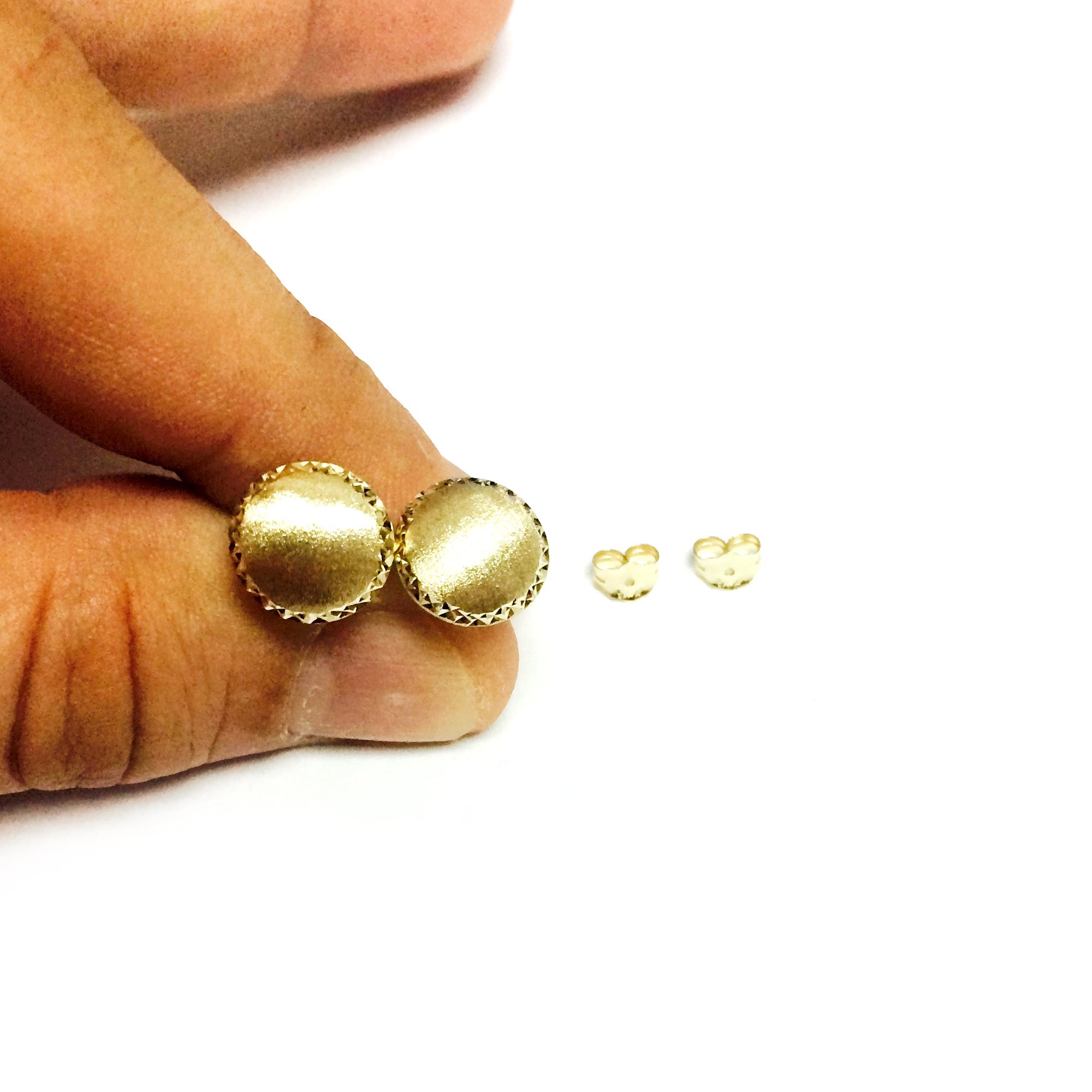 14k Yellow Gold Satin With Diamond Cut Edges Stud Earrings, 11mm - JewelryAffairs