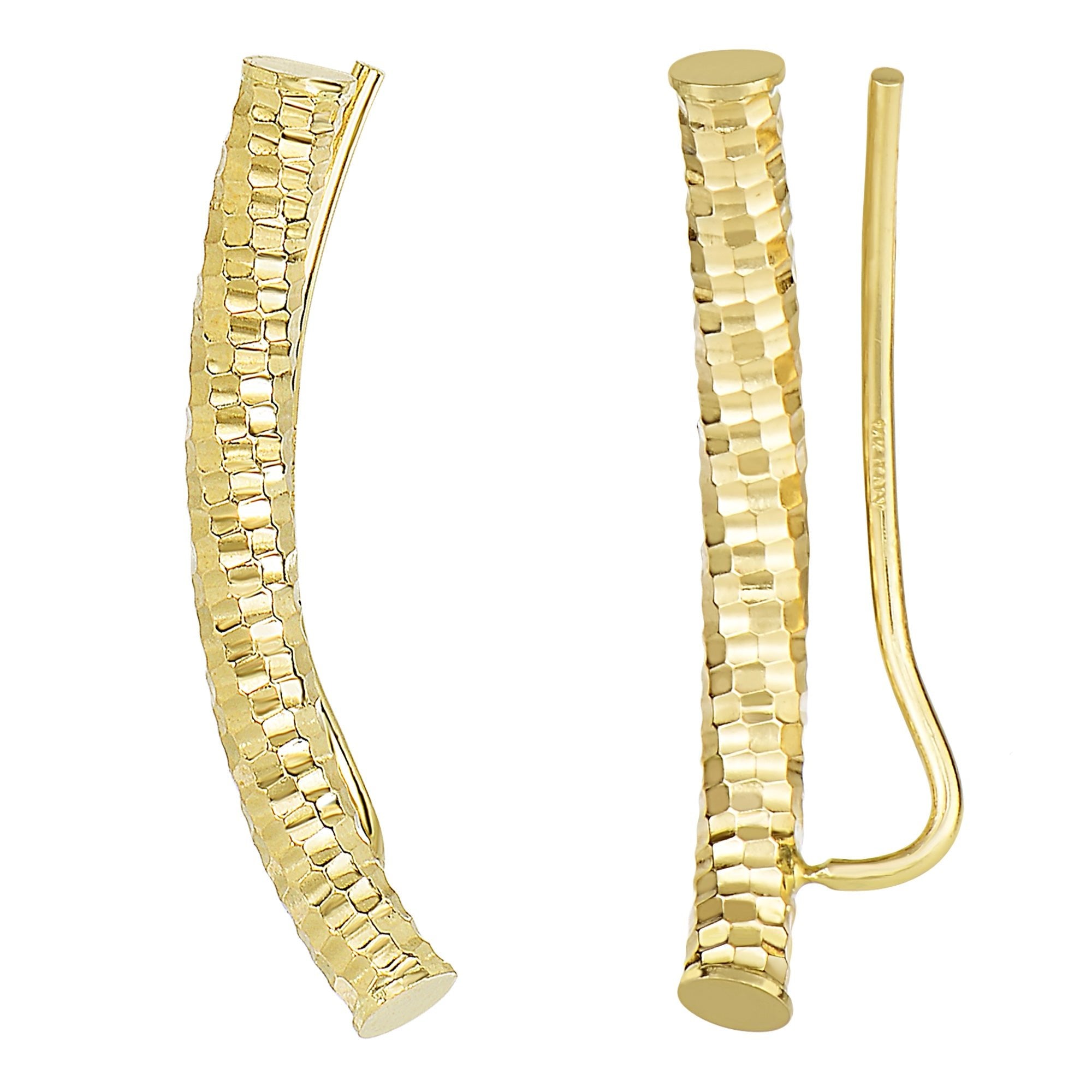 14k Yellow Gold Shinny Diamond Cut Round Tube Curved Climber Earrings - JewelryAffairs