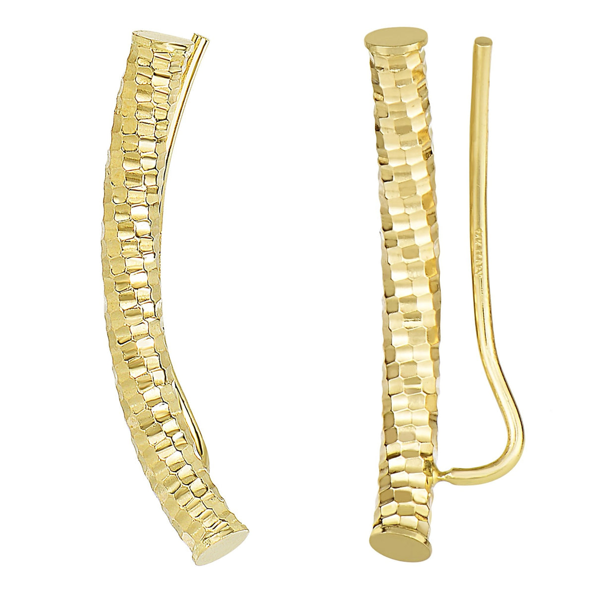 14k Yellow Gold Shinny Diamond Cut Round Tube Curved Climber Earrings - JewelryAffairs