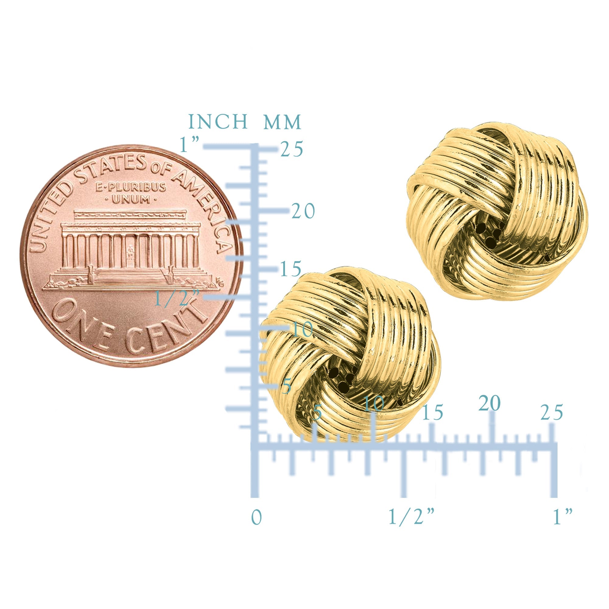 14k Yellow Gold Shiny 6 Row Love Knot Stud Earrings, 12mm - JewelryAffairs