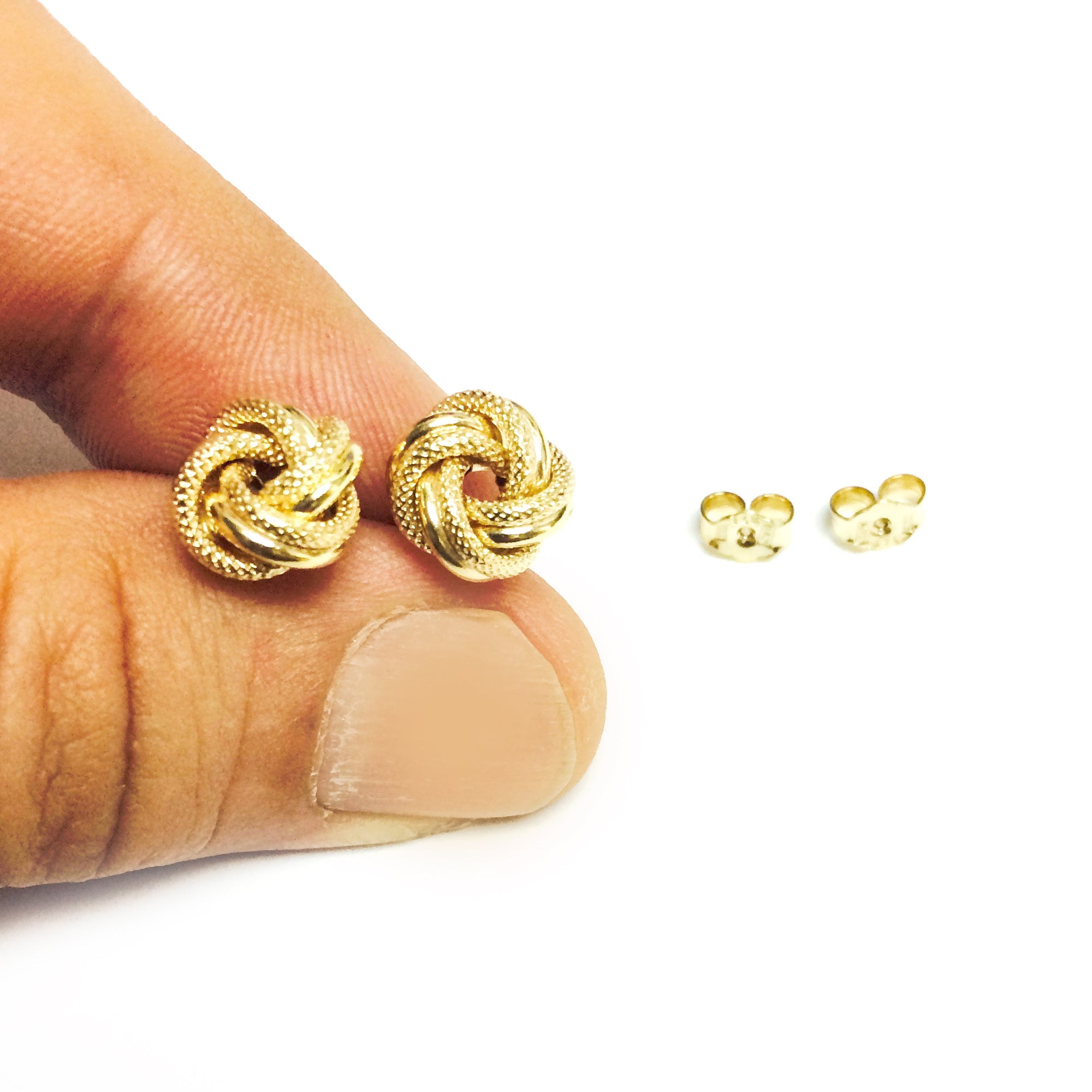 14k Yellow Gold Shiny And Textured Double Row Love Knot Stud Earrings, 10mm - JewelryAffairs