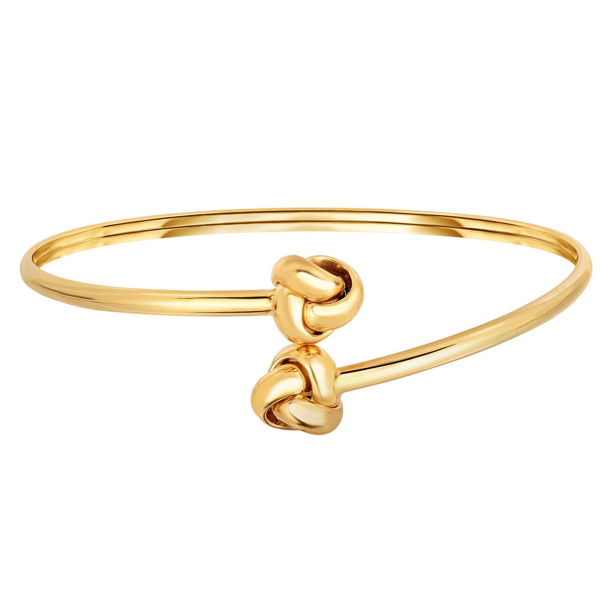 14k Yellow Gold Shiny Double Love Knot Tip Fancy Bypass Fancy Bangle, 7.25" - JewelryAffairs