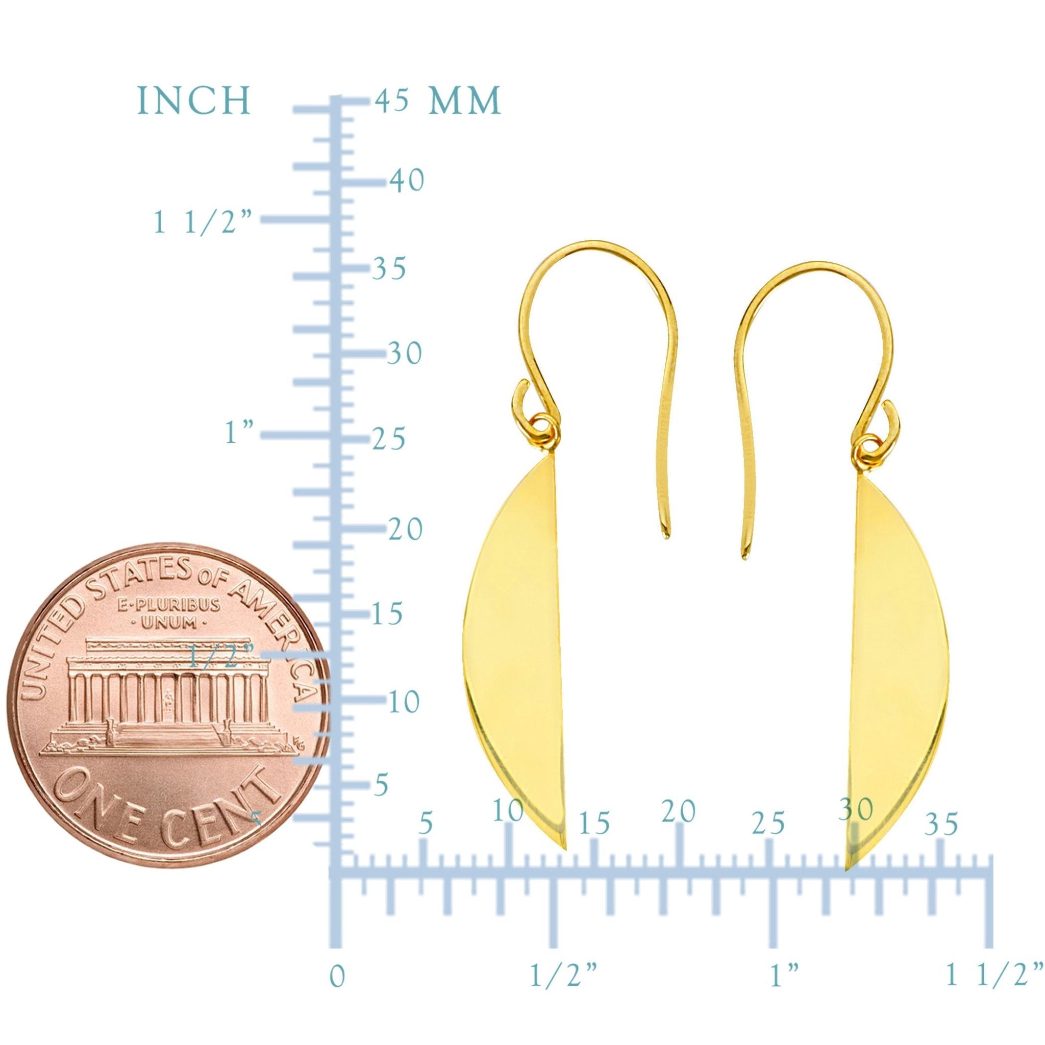 14K Yellow Gold Shiny Drop Half Oval Circle Earrings