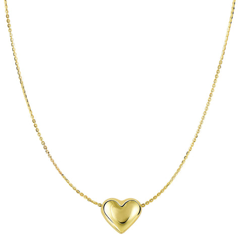 14k Yellow Gold Sliding Puffed Heart Pendant Necklace, 18"