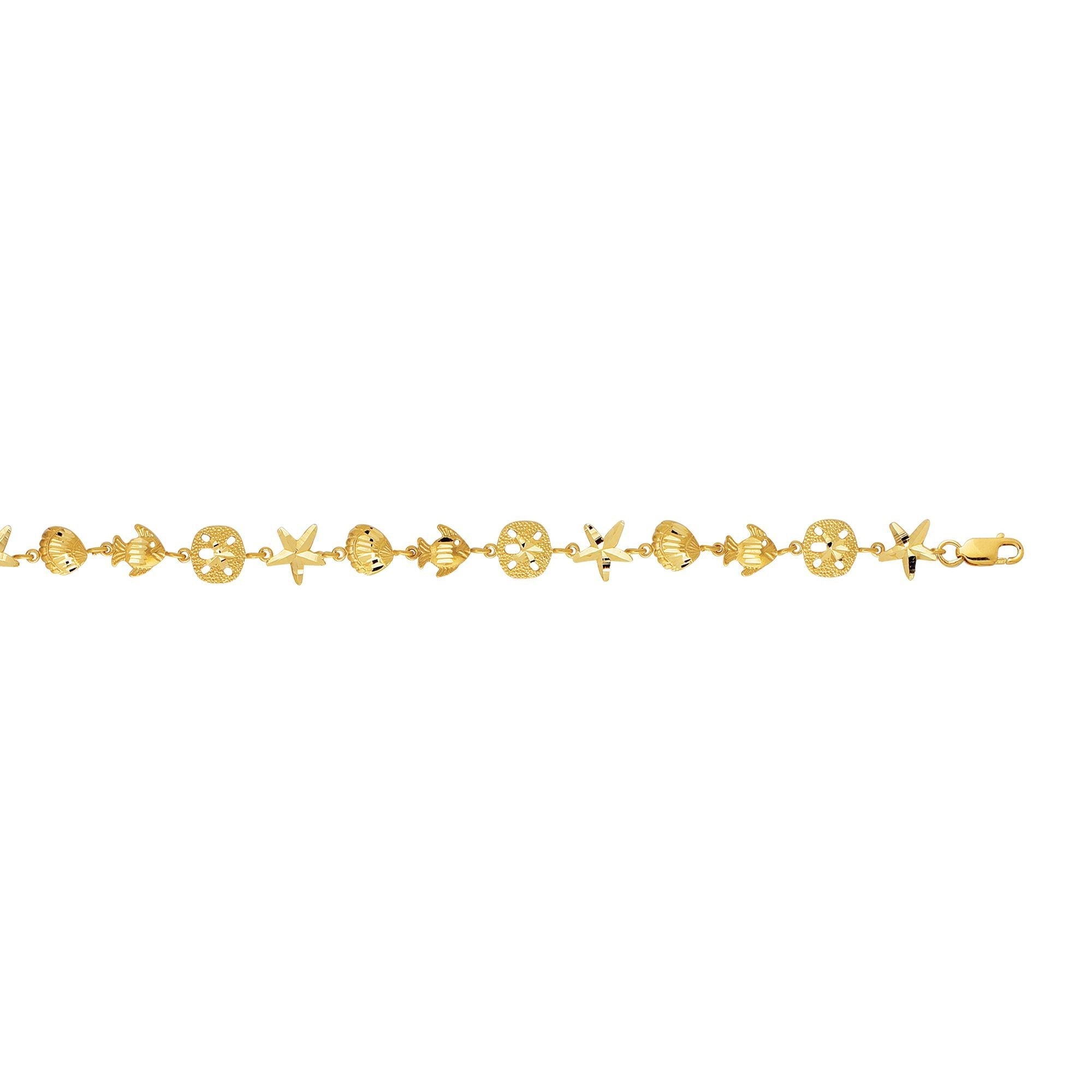 14k Yellow Gold Starfish Sand Dollar And Fish Bracelet, 7" - JewelryAffairs