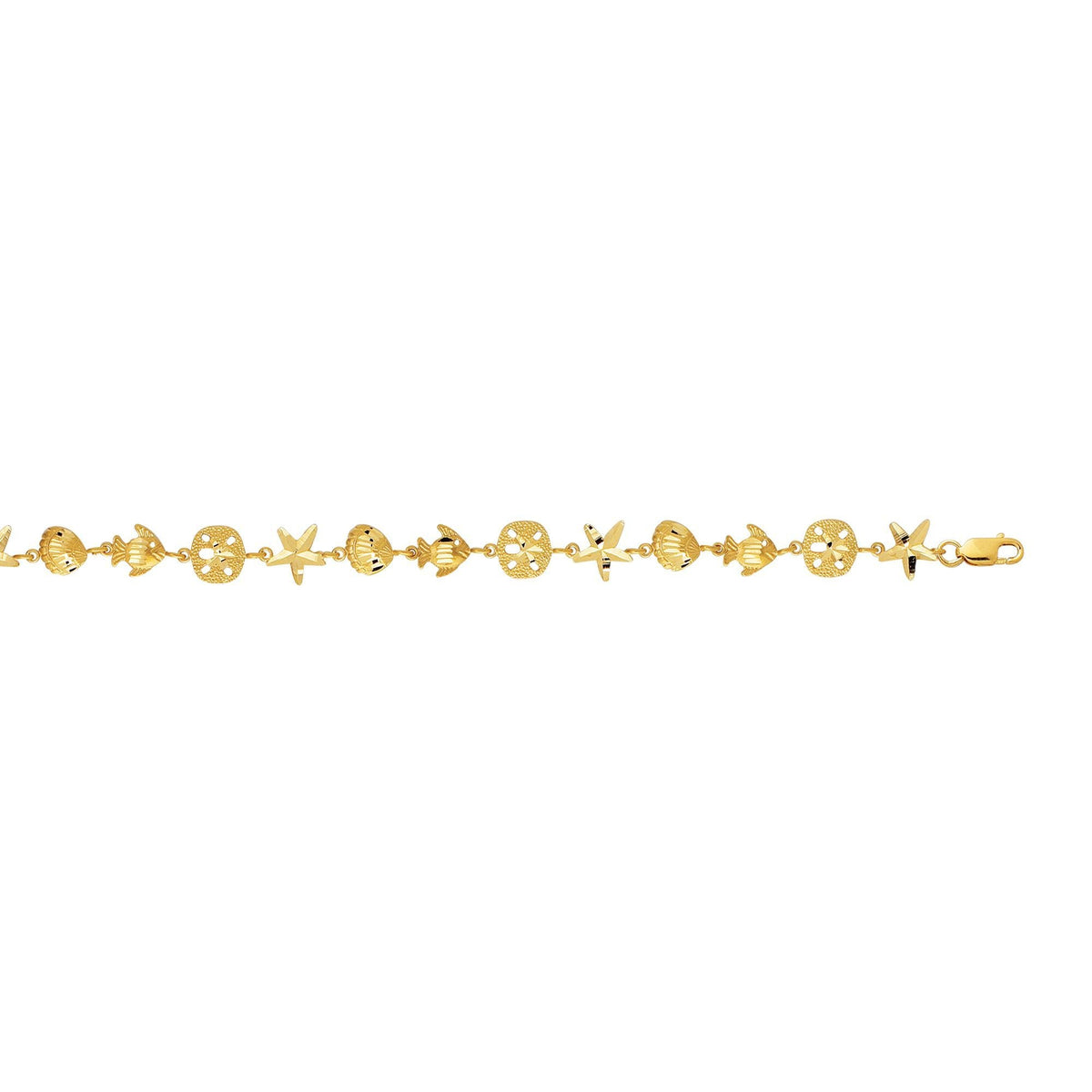 14k Yellow Gold Starfish Sand Dollar And Fish Bracelet, 7" - JewelryAffairs