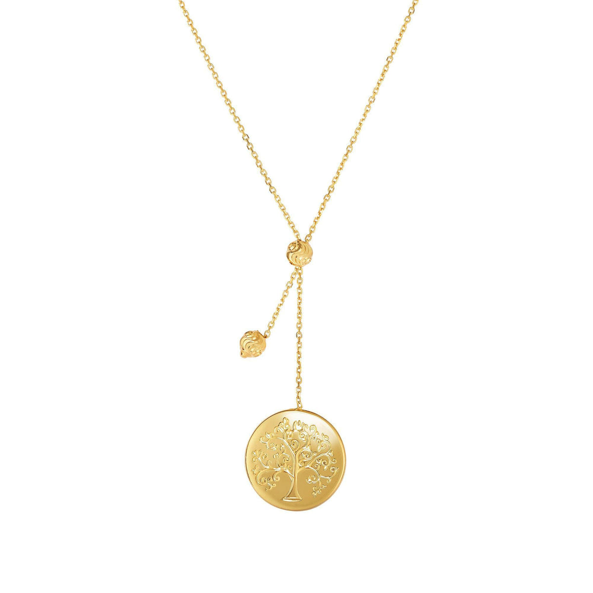 14k Yellow Gold Tree of Life Small Bead Lariat on Chain Necklace, 18"