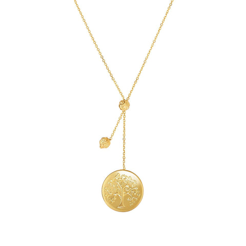 14k Yellow Gold Tree of Life Small Bead Lariat on Chain Necklace, 18"