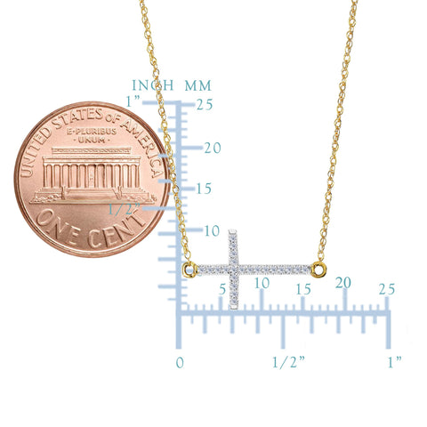 14k Yellow Gold With 0.05ct Diamonds Side Ways Cross Necklace - 18 Inches