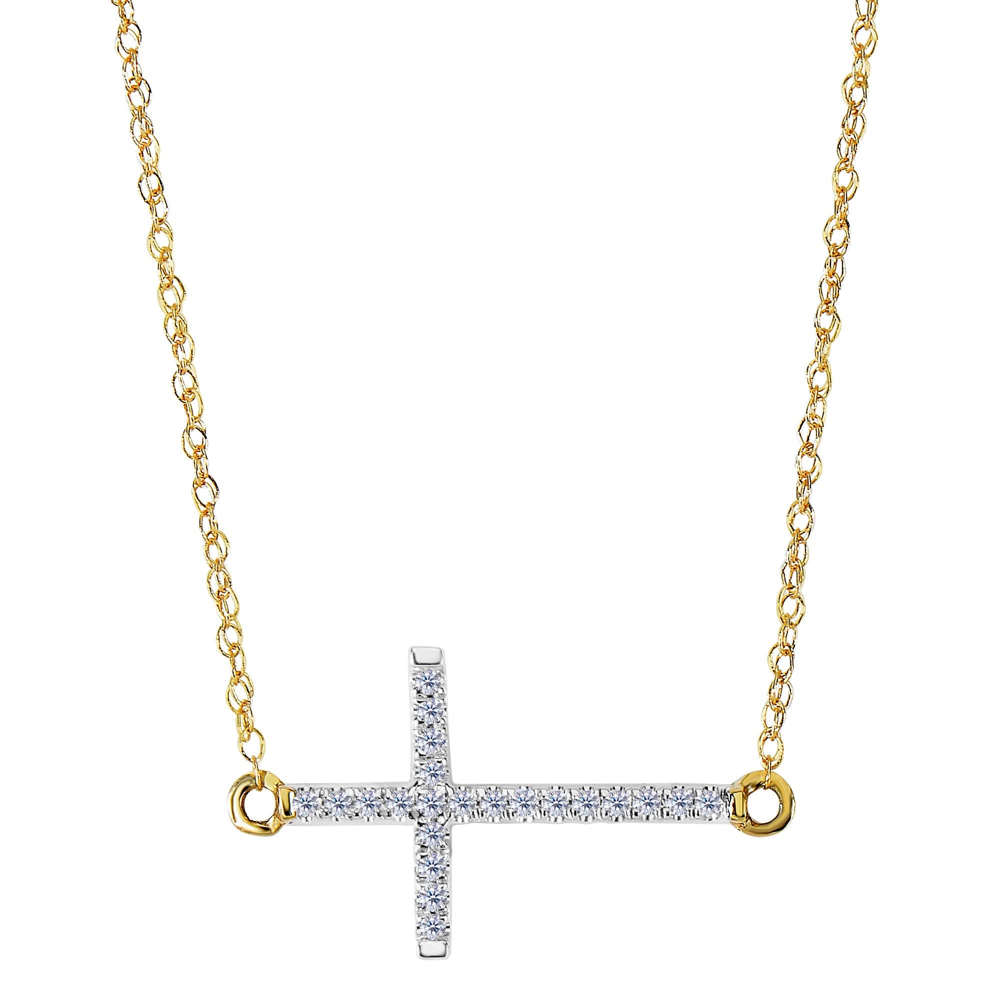 14k Yellow Gold With 0.05ct Diamonds Side Ways Cross Necklace - 18 Inches