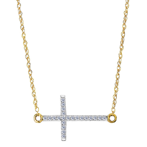 14k Yellow Gold With 0.05ct Diamonds Side Ways Cross Necklace - 18 Inches