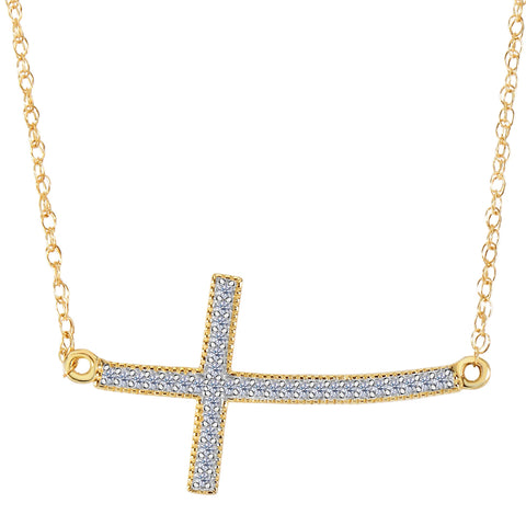14k Yellow Gold With 0.08ct Diamonds Curved Side Ways Cross Millgrain Necklace - 18 Inches
