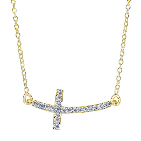 14k Yellow Gold With 0.12ct Diamonds Curved Side Ways Cross Necklace - 18 Inches