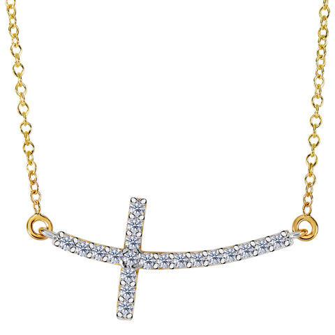 14k Yellow Gold With 0.22ct Diamonds Curved Side Ways Cross Necklace - 18 Inches