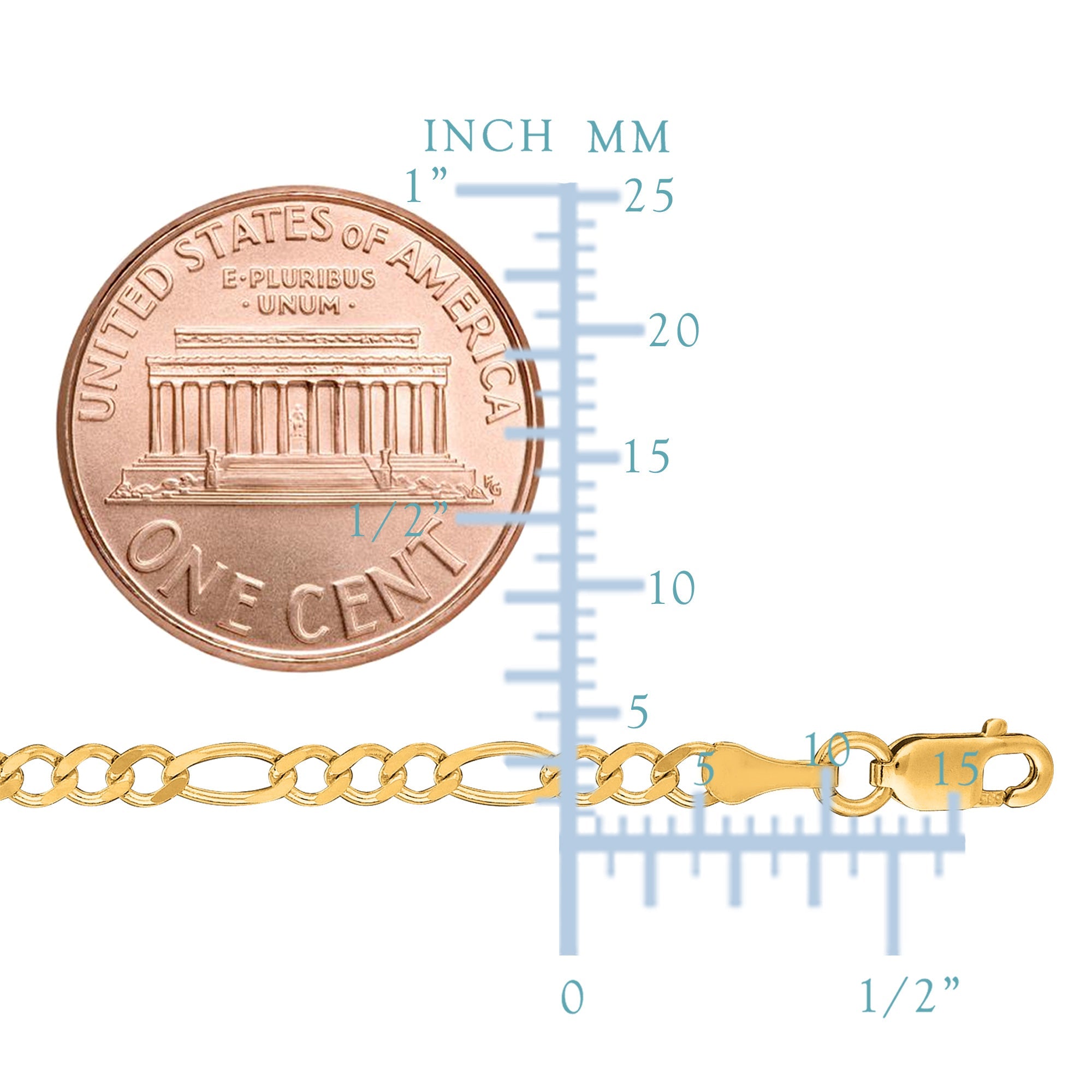 14k Yellow Solid Gold Figaro Chain Bracelet, 2.6mm, 7" - JewelryAffairs